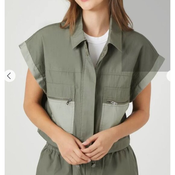 Forever 21 women's Poplin Color block Utility Cropped Vest size S - Picture 2 of 12